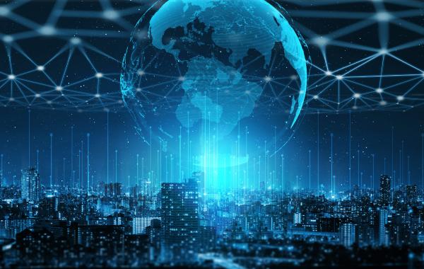 Networked globe over a night city